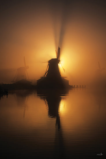 Martin Podt MPP1271 - MPP1271 - Dutch Mill Silhouette - 12x18 windmills at sunrise, golden fog, waterside silhouettes, dramatic backlight, reflection on water, misty morning, historic windmill scene, Dutch countryside feel, glowing orange sky, atmospheric landscape, tranquil waterway, moody dawn, rural Europe, silhouette photography, calm reflective surface, iconic windmill shapes, dreamy sunrise haze, peaceful scene, fine art travel image, warm monochromatic palette from Penny Lane