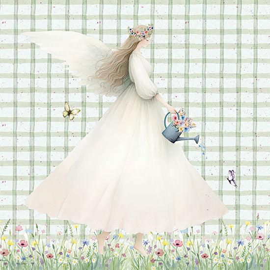Nicole DeCamp ND1140 - ND1140 - Nurturing Nature I - 12x12 angel in green dress, plaid background, watering flowers, spring meadow, butterflies, soft feminine art from Penny Lane