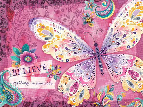 Nicole DeCamp ND759 - ND759 - Believe Butterfly - 16x12 inspirational butterfly art, pink background, ornate wings, believe message, whimsical floral, paisley elements, dreamy illustration, uplifting design, fantasy vibes from Penny Lane