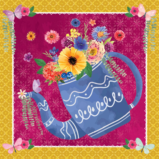 Nicole DeCamp ND776 - ND776 - Plant Kindness - 12x12 watering can with flowers, garden theme, pink and gold background, butterflies, botanical illustration, watercolor design from Penny Lane