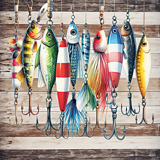 Nicole DeCamp ND788 - ND788 - Lake Life Lures - 12x12 colorful fishing lures, hanging tackle, rustic wood background, fishing equipment, vibrant sports gear illustration from Penny Lane