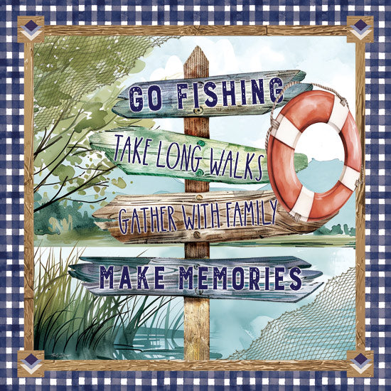Nicole DeCamp ND792 - ND792 - Lake Life Directions - 12x12 fishing, walking, family, vacation, lodge, lake, outdoors, rustic, wooden sign, gingham border, life preserver, nature, blue green color palette, inspirational message from Penny Lane
