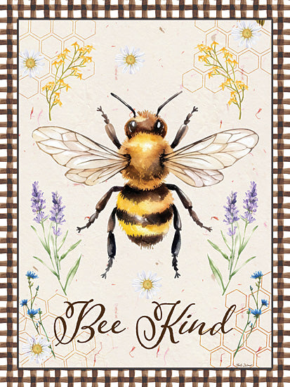 Nicole DeCamp ND848 - ND848 - Bee Kind - 12x16 bee kind sign, bumblebee watercolor, inspirational bee art, floral farmhouse print, honeycomb accents, lavender flowers, daisy flowers, rustic wall decor, hand painted insect illustration, positive quote art, cottage style design, whimsical bee poster, cheerful spring decor, country home accent, decorative typography print, soft pastel artwork, garden inspired wall art, uplifting message, painterly farmhouse decor, charming insect themed sign from Penny Lane