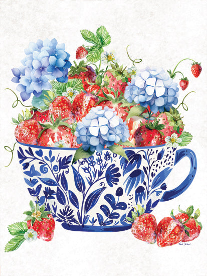 Nicole DeCamp ND868 - ND868 - Strawberry Delight - 12x16 blue patterned teacup filled with strawberries and hydrangeas, summer floral arrangement, cottage kitchen art, watercolor fruit and flowers, botanical illustration, hydrangea blossoms, fresh berries, farmhouse decor, garden bouquet from Penny Lane