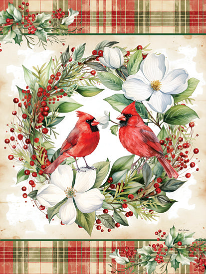 Nicole DeCamp ND948 - ND948 - Christmas Cardinals - 12x16 animals, botanical, holidays & seasonal, backgrounds & patterns, birds, floral, greenery, leaves, winter, christmas, cardinal, holly, magnolia, pine needles, berries, plaid, wreath, decorative, whimsical, digital illustration, red from Penny Lane