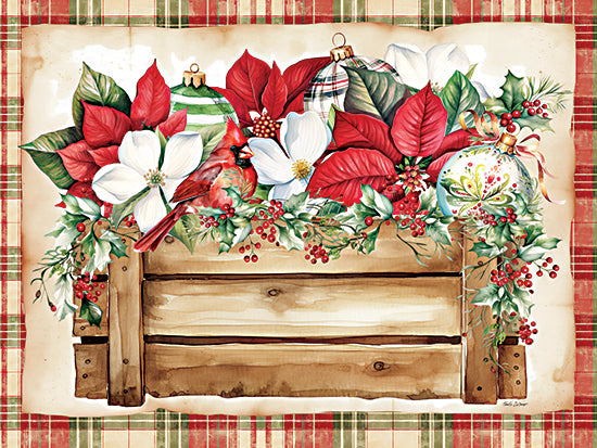 Nicole DeCamp ND950 - ND950 - Poinsettia Crate - 16x12 rustic wooden bench with Christmas decorations, cardinal bird, poinsettia flowers, holly berries, ornaments, festive garland, holiday farmhouse decor illustration from Penny Lane