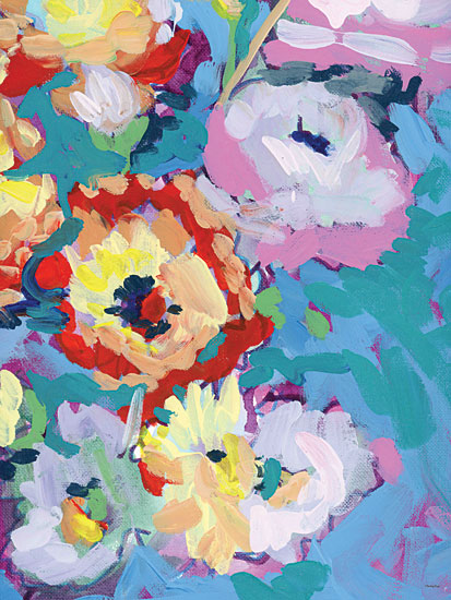 Painting Paige PP125 - PP125 - November Birth Flower - 12x16 mixed floral cluster, aqua background, coral poppies, pale peonies, yellow blossoms, abstract garden bouquet, layered color fields, expressive brushwork, lively botanical composition, contemporary feminine art from Penny Lane