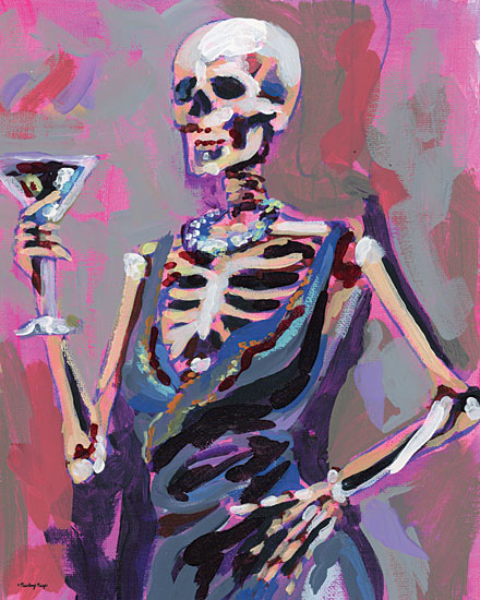 Painting Paige PP152 - PP152 - Mrs. Skele-Tini - 12x16 skeleton woman, cocktail glass, blue dress, jewelry necklace, pink and lavender background, glamorous Halloween art, spooky chic, feminine skeleton portrait, martini party theme, playful macabre, fashion-forward costume vibe, contemporary acrylic, bold brush strokes, quirky bar decor, humorous seasonal painting from Penny Lane