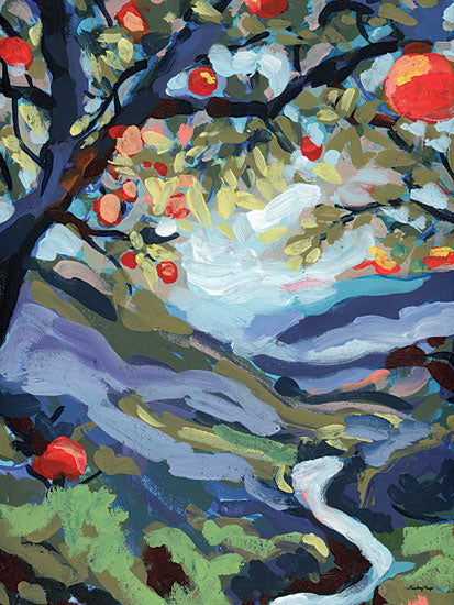 Painting Paige PP163 - PP163 - Secret Spot - 12x16 apple tree branches, orchard landscape, red apples, winding path, creek or stream, rolling meadow, layered foliage, countryside scene, harvest season, scenic nature painting, impressionistic landscape, textured brush strokes, colorful tree canopy, rustic decor, pastoral view from Penny Lane