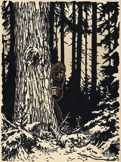 Lauren Rader RAD1487 - RAD1487 - Hidden in the Woods - 12x16 forest creature, bigfoot illustration, wilderness scene, trees and shadows, mysterious woods, cryptid art, nature illustration, folklore theme, moody forest, black and tan color palette from Penny Lane