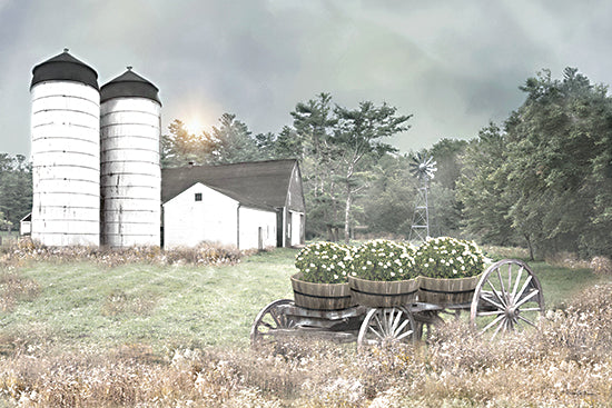 Robin-Lee Vieira RLV849 - RLV849 - Twin Silos - 18x12 farm wagon with hydrangeas, rustic countryside farmyard, pastoral floral wagon scene from Penny Lane