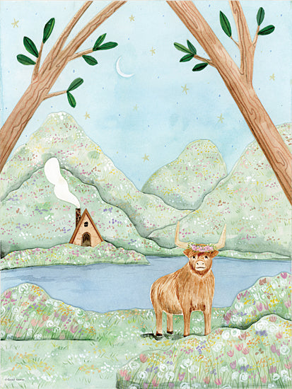 Rachel Nieman RN738 - RN738 - Happy Highland - 12x16 watercolor landscape, highland cow, cottage by lake, mountains, trees, floral meadow, pastel colors, folk art, peaceful nature scene from Penny Lane