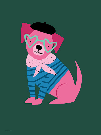 Rachel Nieman RN758 - RN758 - Pink Parisian Puppy - 12x16 pink dog, green background, french beret, heart glasses, striped shirt, cute dog, fashionable, trendy art from Penny Lane