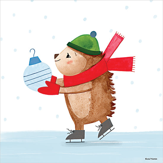 Rachel Nieman RN776 - RN776 - Ice Skating Hedgehog    Predailys - 12x12 hedgehog, ice skating, winter, Christmas, ornament, red scarf, green hat, mittens, cute animal, holiday art, snow, seasonal illustration, whimsical design, festive character from Penny Lane