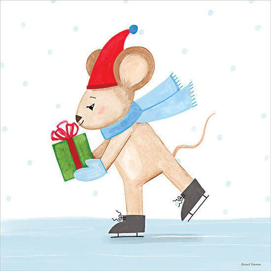 Rachel Nieman RN777 - RN777 - Ice Skating Mouse  Predailys - 12x12 mouse, skating, green gift, red ribbon, blue scarf, winter scene, cute animal, holiday season, snow, festive illustration, Christmas present, joyful design, children’s art, whimsical animal from Penny Lane