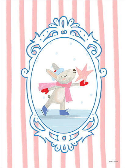 Rachel Nieman RN786 - RN786 - Whimsy Ice Skating Critter 1 - 12x16 bunny, ice skating, pink scarf, blue stripes, festive illustration, holiday art, cute animal, Christmas star, winter activity, cheerful design, whimsical holiday print from Penny Lane
