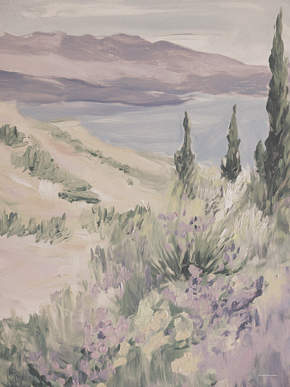 Svetlana Aleinikova SA186 - SA186 - Spring Lightness - 12x16 lavender toned lakeside hillside, muted landscape, cypress trees, distant mountains, soft purple and taupe palette, floral foreground, tranquil shoreline, atmospheric countryside, moody pastel vista, romantic european landscape, impressionistic brushwork, serene water view, dusty neutral tones from Penny Lane