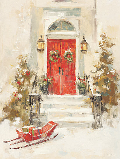 Svetlana Aleinikova SA320 - SA320 - Door of Cheer - 12x16 holidays & seasonal, home spaces, botanical, christmas, winter, entry, porch, trees, greenery, floral, wreaths, sleigh, presents, snow, evergreen, front door, painterly, whimsical, oil painting, red from Penny Lane