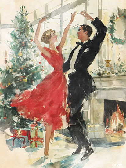 Svetlana Aleinikova SA324 - SA324 - Christmas Waltz - 12x16 elegant couple dancing, christmas tree, formal ballroom dance, red evening gown, tuxedo, fireplace holiday scene, romantic holiday moment, vintage christmas illustration, festive celebration, joyful movement, painterly brushwork from Penny Lane