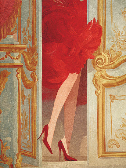Svetlana Aleinikova SA325 - SA325 - Before the Celebration - 12x16 fashion illustration red dress, high heels, elegant legs, luxury interior doorway, glamorous style, couture fashion artwork, feminine elegance, dramatic red tones, modern fashion painting, stylish composition from Penny Lane