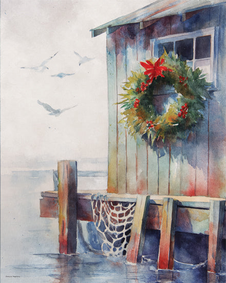 Svetlana Aleinikova SA413 - SA413 - Christmas by the Shore - 12x16 coastal christmas wreath, seaside dock building, holiday wreath with bow, birds over water, nautical winter scene, rustic harbor shack from Penny Lane