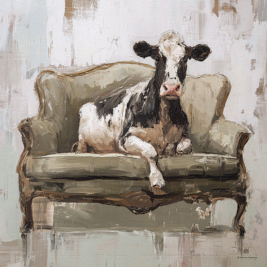 Svetlana Aleinikova SA448 - SA448 - Moo in the Living Room - 12x12 animals, home spaces, farm animals, cow, couch, furniture, painterly, whimsical, acrylic, neutral from Penny Lane