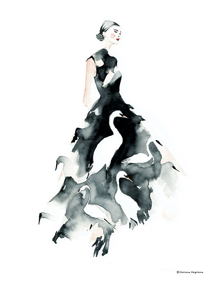 Svetlana Aleinikova SA452 - SA452 - Glamour in Washes - 12x16 fashion illustration, woman in black dress, watercolor birds, elegant figure, artistic dress design, modern figurative art, minimal palette, fashion art from Penny Lane
