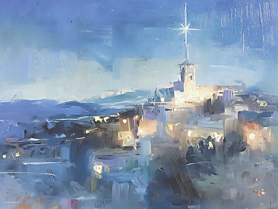 Svetlana Aleinikova SA546 - SA546 - Bethlehem Star Glow - 16x12 religious & spiritual, travel, holidays & seasonal, landscape, city, christmas, architecture, places & cities, sky, bethlehem, star, night, city lights, buildings, painterly, moody, oil painting, blue from Penny Lane