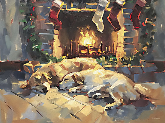 Svetlana Aleinikova SA550 - SA550 - Hearthside Winter Nap - 16x12 animals, holidays & seasonal, home spaces, pets, christmas, winter, dogs, fireplace, stockings, cozy, sleeping, painterly, moody, oil painting, gold from Penny Lane