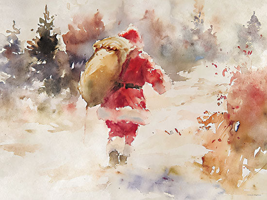Svetlana Aleinikova SA558 - SA558 - Solitary Santa Trail - 16x12 holidays & seasonal, figurative, landscape, christmas, winter, trees, santa, snow, pine trees, sack, painterly, whimsical, watercolor, red from Penny Lane