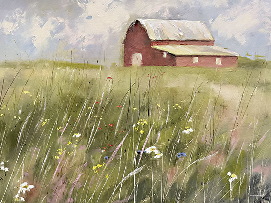 Svetlana Aleinikova SA580 - SA580 - Barn Meadow Silence - 16x12 landscape, botanical, country, rural, sky, greenery, floral, barn, field, wildflowers, grass, clouds, spring, meadow, painterly, modern farmhouse, oil painting, multicolor from Penny Lane