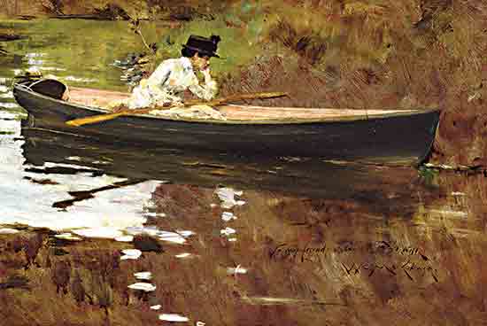 Stellar Design Studio SDS1499 - SDS1499 - Mrs. Chase in Prospect Park - 18x12 woman, boat, river, reflective water, solitude, Victorian fashion, serene, natural, thoughtful, brushstrokes from Penny Lane