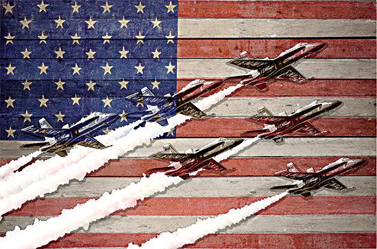 Stellar Design Studio SDS1573 - SDS1573 - Wings of Freedom I - 18x12 U.S. Navy jets, fighter planes, air show, smoke trails, American flag background, patriotic aviation art, military jets, red white and blue theme, flight formation, Independence Day, Americana wall art from Penny Lane