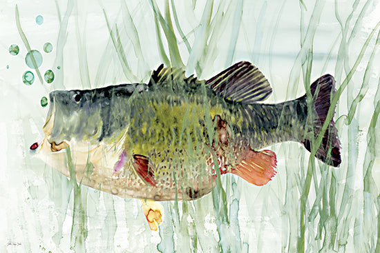 Stellar Design Studio SDS1580 - SDS1580 - Lake Fish 2 - 18x12 largemouth bass fish, watercolor aquatic illustration, green and orange tones, underwater grass, fishing artwork, wildlife painting, sport fish decor, freshwater scene from Penny Lane