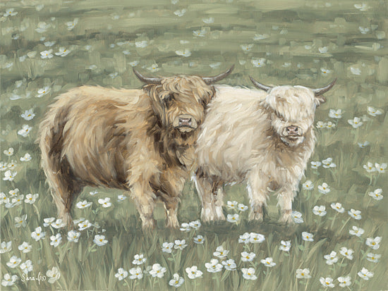 Sara G. Designs SGD319 - SGD319 - Annye and Lola - 16x12 highland cows, shaggy cattle, meadow flowers, farm pair, country pasture, rustic animal art, soft green field, white blossoms, long horns, painterly brush strokes, farmhouse wall decor, pastoral scene, livestock painting, gentle neutral palette from Penny Lane