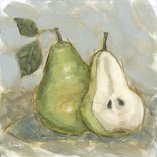 Sara G. Designs SGD378 - SGD378 - Rustic Pear - 12x12 still life, pears, fruit painting, green pear, half pear, leaves, textured brush strokes, oil painting style, kitchen decor, contemporary art from Penny Lane