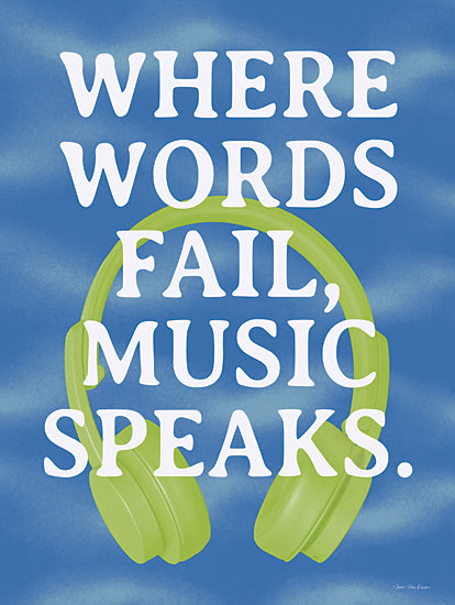 Seven Trees Design ST1098 - ST1098 - Music Speaks - 12x16 music quote, headphones illustration, inspirational music art, motivational poster, green headphones, blue background, typography poster, music lover decor from Penny Lane