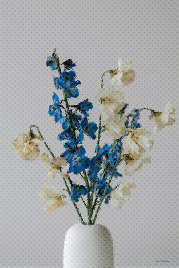 Seven Trees Design ST1193 - ST1193 - Vanishing Act - 12x18 vase with flowers, blue and white blooms, textured overlay, soft focus, interior decor, minimalist floral art from Penny Lane