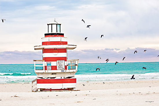 Catch a Star Fine Art STAR227 - STAR227 - South Beach Sentry - 18x12 red white striped lifeguard tower, beach lighthouse, flying birds, turquoise sea, public safety, vibrant beach scene from Penny Lane