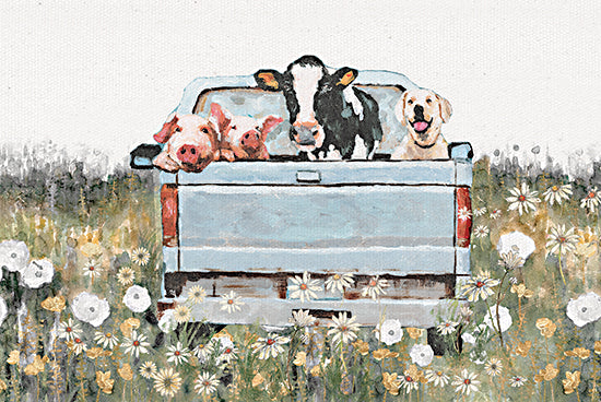 White Ladder WL214 - WL214 - Farm Field Joy Ride  - 18x12 farm animals, cow, pigs, dog, pickup truck, wildflowers, daisies, country scene, farmhouse art, pastoral landscape, rural life, animal friends, spring meadow, watercolor style, rustic decor, truck bed animals from Penny Lane