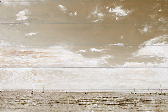 Yass Naffas Designs YND543 - YND543 - Distant Sails II - 18x12 sepia seascape, sailboats, horizon line, coastal wall art, vintage ocean scene, weathered wood texture, neutral sky, calm water, nautical decor, seaside landscape, beach house style, rustic coastal art, monochrome brown tones, tranquil marine view, minimalist shoreline from Penny Lane
