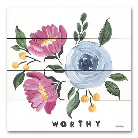 April Chavez AC196PAL - AC196PAL - You are Worthy - 12x12 Worth, Flowers, Pink & Blue Flowers, Greenery, Botanical from Penny Lane