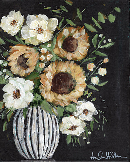 Amanda Hilburn AH100 - AH100 - Sunflower and Wild Rose Bouquet - 12x16 Fall, Flowers, Bouquet, Sunflowers, Wild Roses, White Roses, White Vase, Greenery, Black Background, Cottage/Country from Penny Lane
