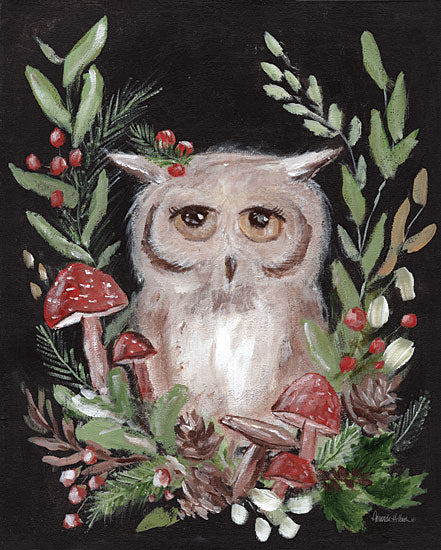 Amanda Hilburn AH142 - AH142 - Christmas Owl and Mushrooms - 12x16 Christmas, Holidays, Owl, Mushrooms, Berries, Greenery, Black Background from Penny Lane