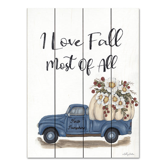 Ashley Justice AJ100PAL - AJ100PAL - I Love Fall Most of All - 12x16 I Love Fall Most of All, Truck, Pumpkin, Fall, Autumn, Flowers, Whimsical, Typography, Signs from Penny Lane