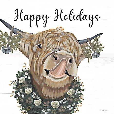 Ashley Justice AJ131 - AJ131 - Happy Holidays Coraline - 12x12 Christmas, Holidays, Cow, Highland Cow, Whimsical, Typography, Signs, Happy Holidays, Wreath, Bells, Winter from Penny Lane