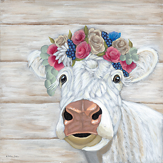 Ashley Justice AJ151 - AJ151 - Esther - 12x12 Cow, White Cow, Whimsical, Flowers, Floral Crown, Greenery, Berries, Wood Plank Background from Penny Lane