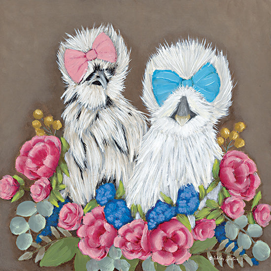 Ashley Justice AJ152 - AJ152 - Silkie Chickens - 12x12 Whimsical, Chickens, Flowers, Bows, Eucalyptus, Greenery, Pink Flowers, Spring from Penny Lane