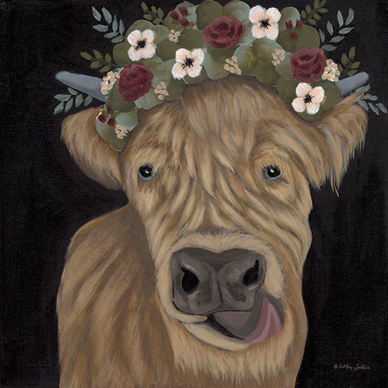 Ashley Justice AJ175 - AJ175 - Sadie - 12x12 Whimsical, Cow, Floral Crown, Flowers, Red Flowers, White Flowers, Greenery, Black Background, Fall from Penny Lane