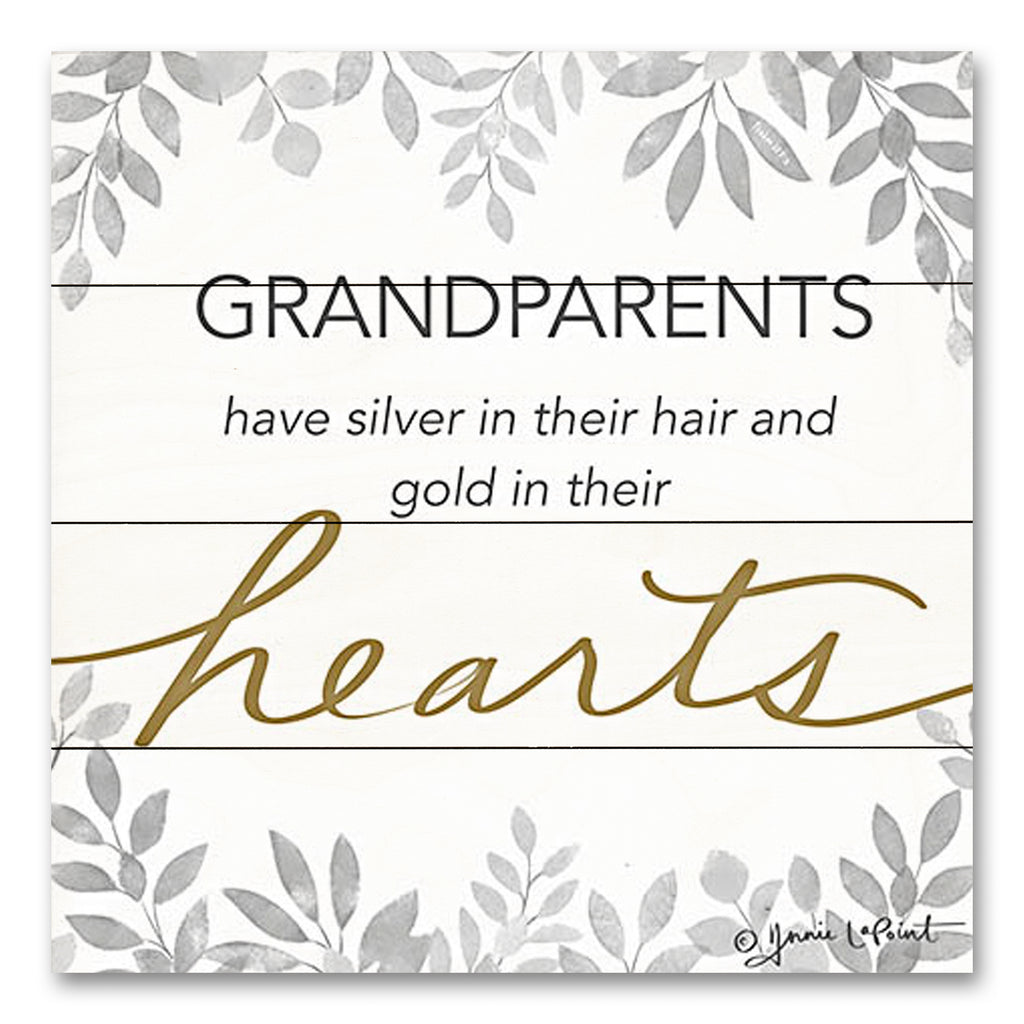 Annie LaPoint ALP2243PAL - ALP2243PAL - Grandparents Have Gold in Their Hearts - 12x12 Inspirational, Family, Grandparents, Hearts, Typography, Signs, Textual Art, Leaves, Greenery, Silver and Gold from Penny Lane